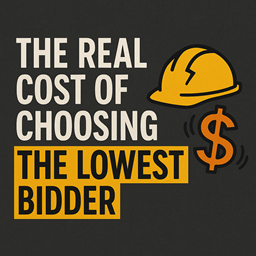 Graphic showing “The Real Cost of Choosing the Lowest Bidder” with a cracked hard hat and dollar sign symbolizing risk in industrial projects.